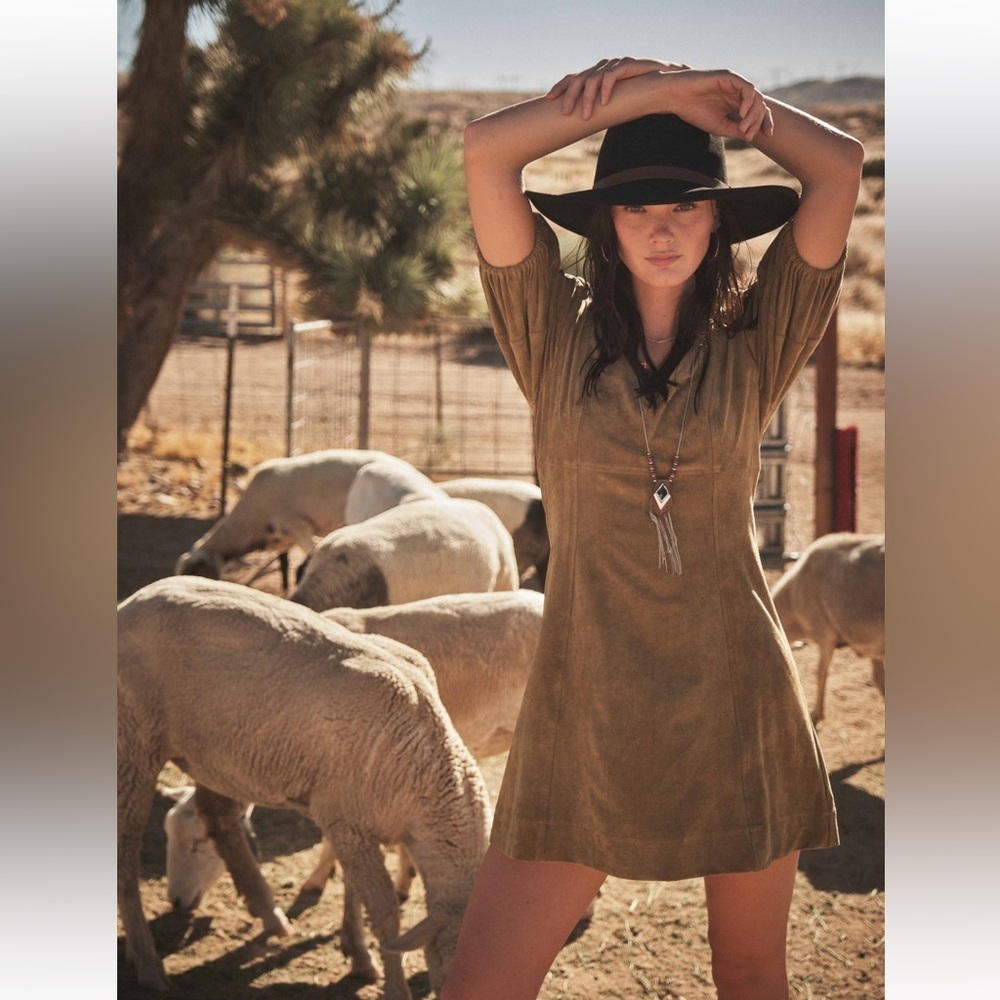 Faux Suede V-neck Bubble Sleeve Shift Dress